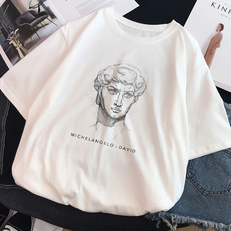 

Ulzzang Harajuku Funny Black and White Drawing David Print Short Sleeve T-Shirt Large Size Loose O-neck Casual Women T-Shirt