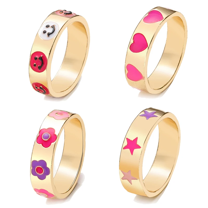 

2021 fashion rings for women girls pink y2k jewelry rings cute smile stars heart flower rings gold color anillos mujer bague