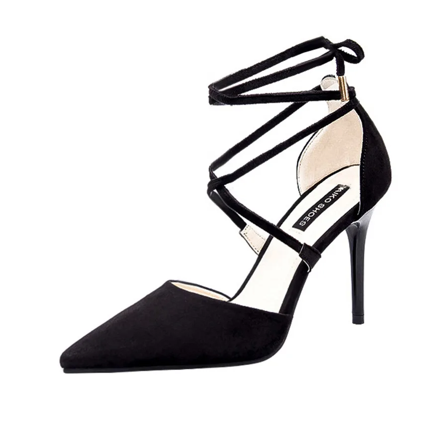 

Fashion Suede Heels Women Pointed Toe Cross Straps Bow High Heels Nightclub Sexy Stiletto Women's Shoes High Heels Sexy
