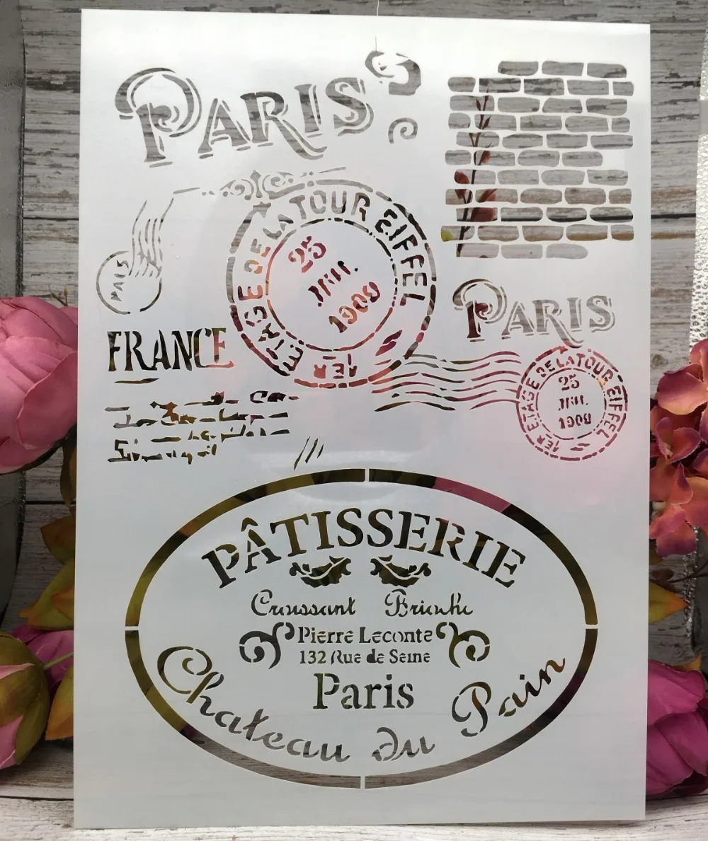 

A4 Paris Post Stamp DIY Layering Stencils Wall Painting Scrapbook Coloring Embossing Album Decorative Paper Card Template