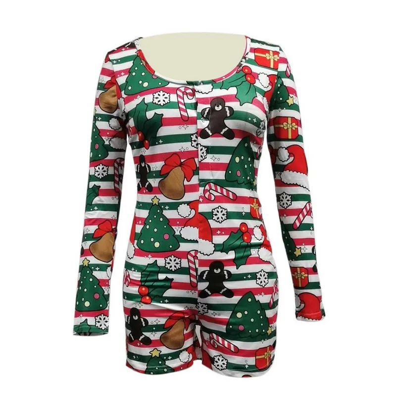 

Women's Long-Sleeve Top Sleep Romper 2020 Winter New Christmas Tree Printed V-Neck Romper Tight Leisure Home Wear
