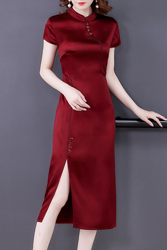

COIGARSAM 4XL Plus Size Chinese Style Women dress New Summer Cheongsam High Waist Dresses Wine Red 5630