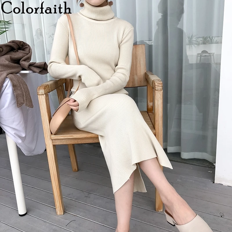 Colorfaith новинка 2019 Осень-зима женские платья водолазка разрезные вязаные плотные