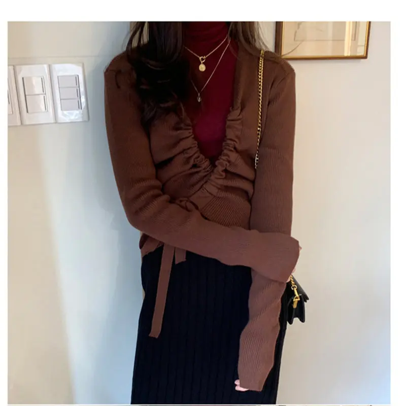 Однотонные Топы HziriP с V-образным вырезом свободные базовые вязаные повседневные