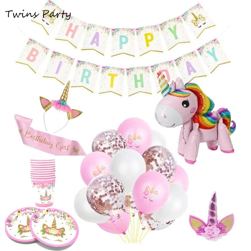 

Twins Party Unicorn Theme Tableware Paper Cup Plates Hat headband Happy Birthday Unicornio Party Supplies DIY Table Decorations