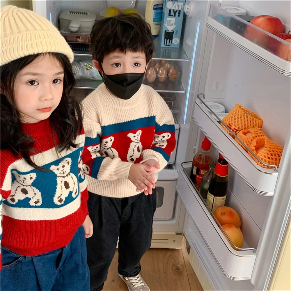 

Winter 2021 Boys cartoon bear knitted sweaters Korean style girls cute thick warm knit pullovers Tops 2-7Y