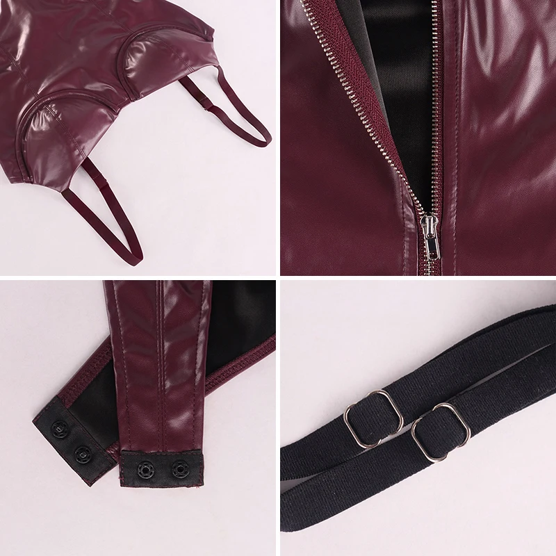 

Gtpdpllt Sexy PU Leather Skinny Bodysuit Women Solid Sleeveless Spaghetti Strap Women Jumpsuits Sexy Night Party Club Overalls