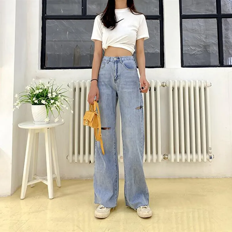 

Woman Jeans Ripped Clothes High Waisted new Summer Streetwear Baggy Wide Leg Vintage Fashion Stretch Harajuku Straight Pants