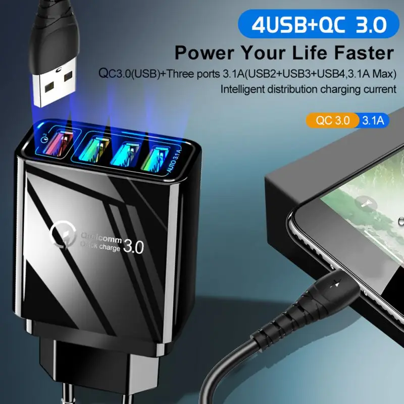 QC3.0 4 порта USB зарядное устройство Быстрая зарядка настенное ЕС США