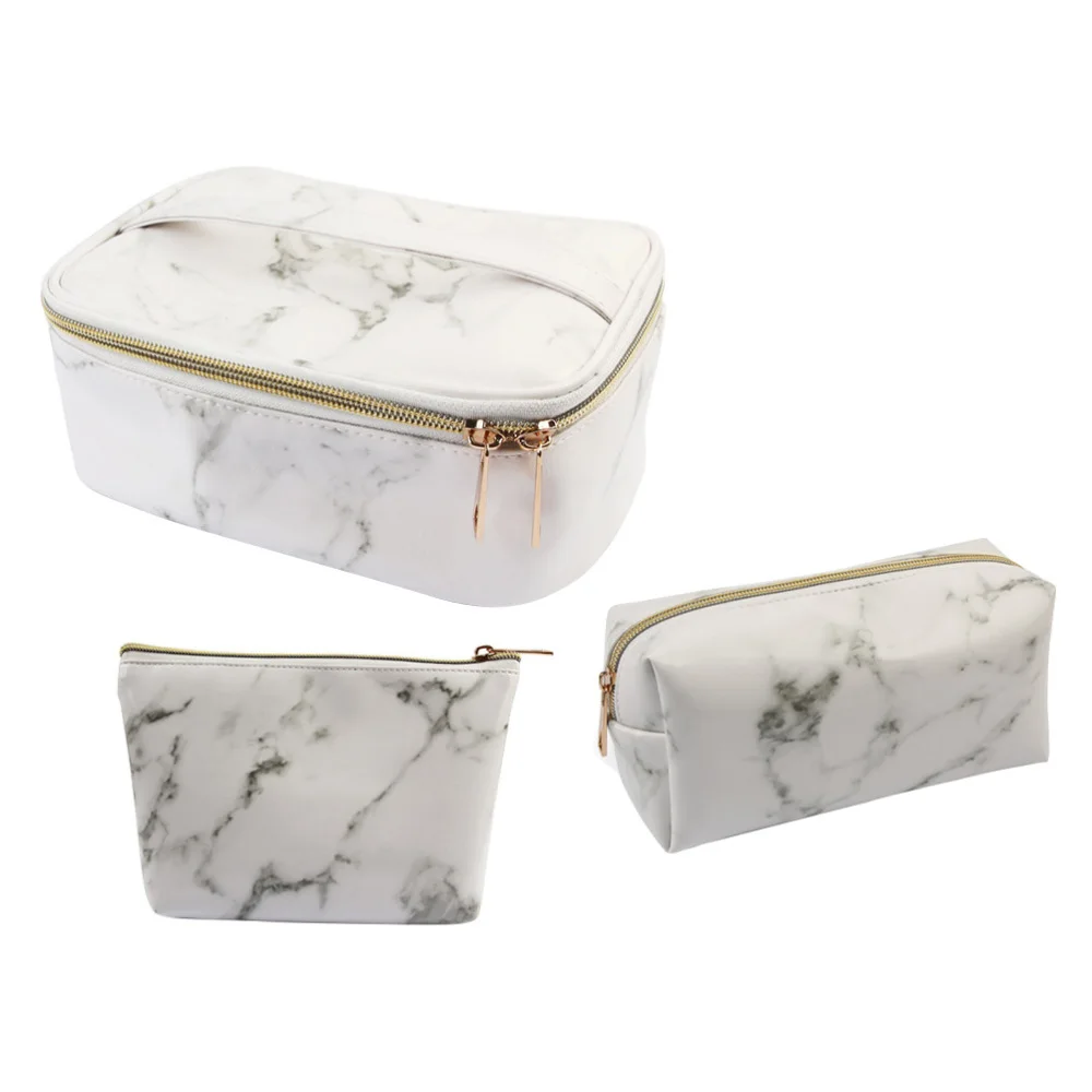 

1 Set 3pcs Cosmetics Bag Makeup Brush Storage Bag Cosmetic Handbag Marbling Printed for (White)