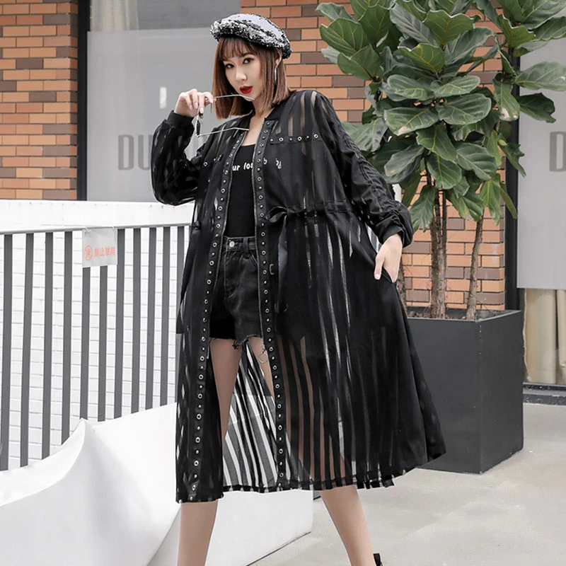 Тренчкот женский прозрачный на молнии Длинная ветровка с кружевом повседневный