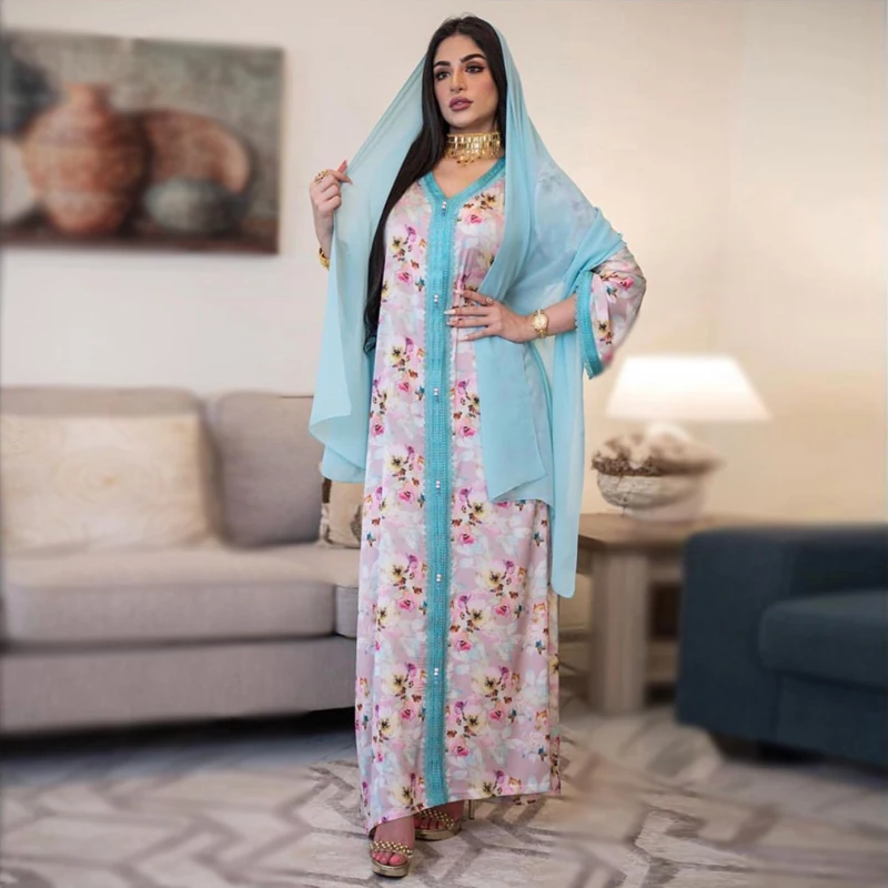2021 Lslamic мусульманская одежда макси платье для женщин розовые цветочные Jalabiya свободные арабские Оман Дубай Кувейт абайя