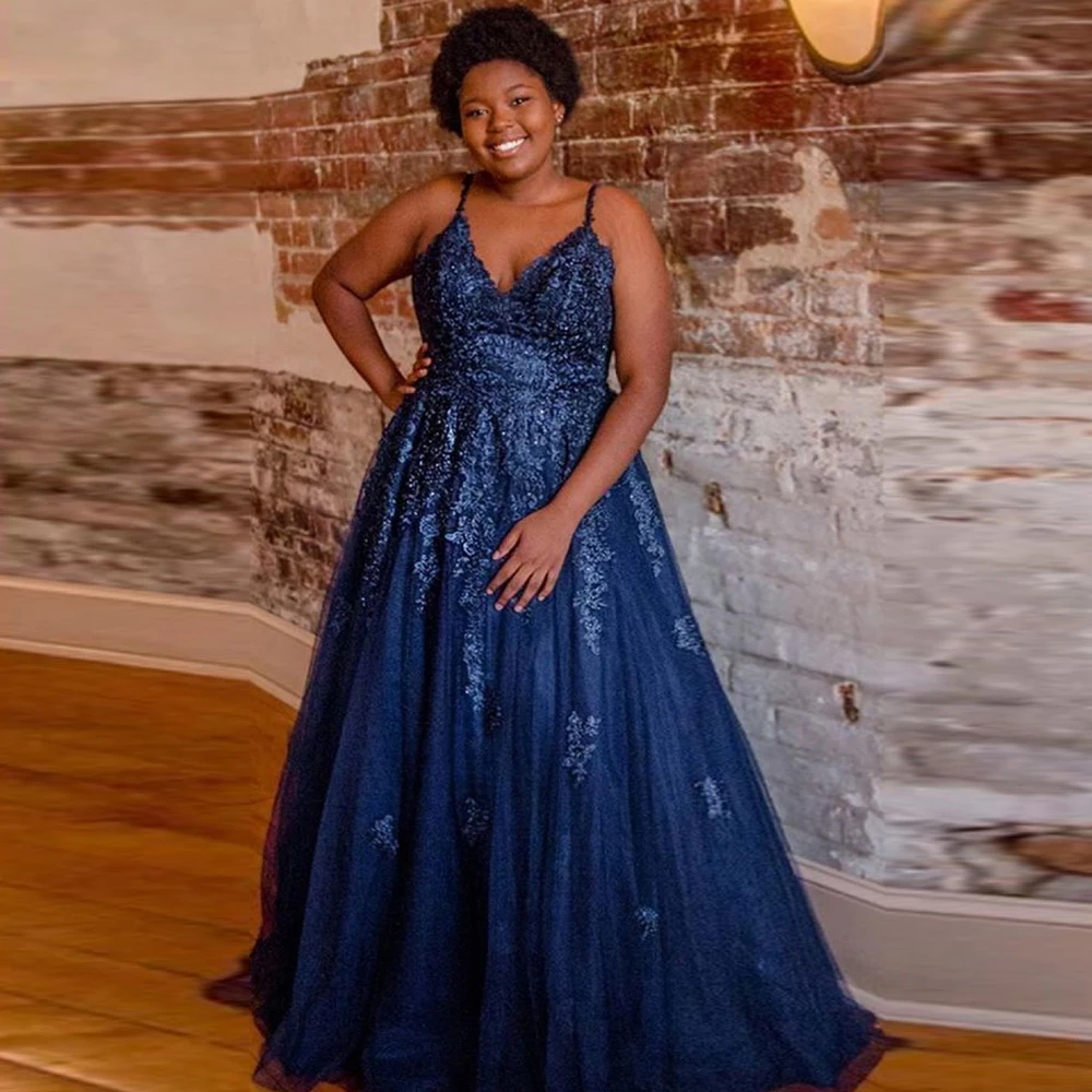 

Applique Beaded Evening Dresses Luxury Long 2021 Women Spaghetti Strap A-Line Sexy V-neck Prom Gown Plus Size vestido de fiesta