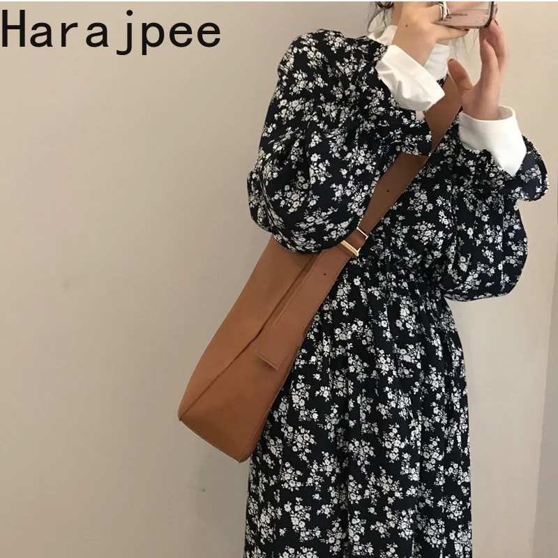 

Harajpee Dress Retro Floral French Style Gentle V-neck Slim Flare Sleeve Bottoming Dress High Waist All-match Spring Autumn New