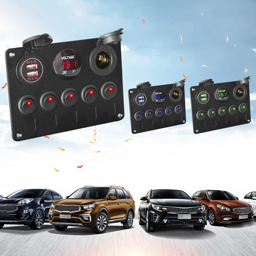 

Car Marine Boat LED Rocker Switch Panel Digital Voltmeter Dual USB Port 12V Outlet Combination Waterproof