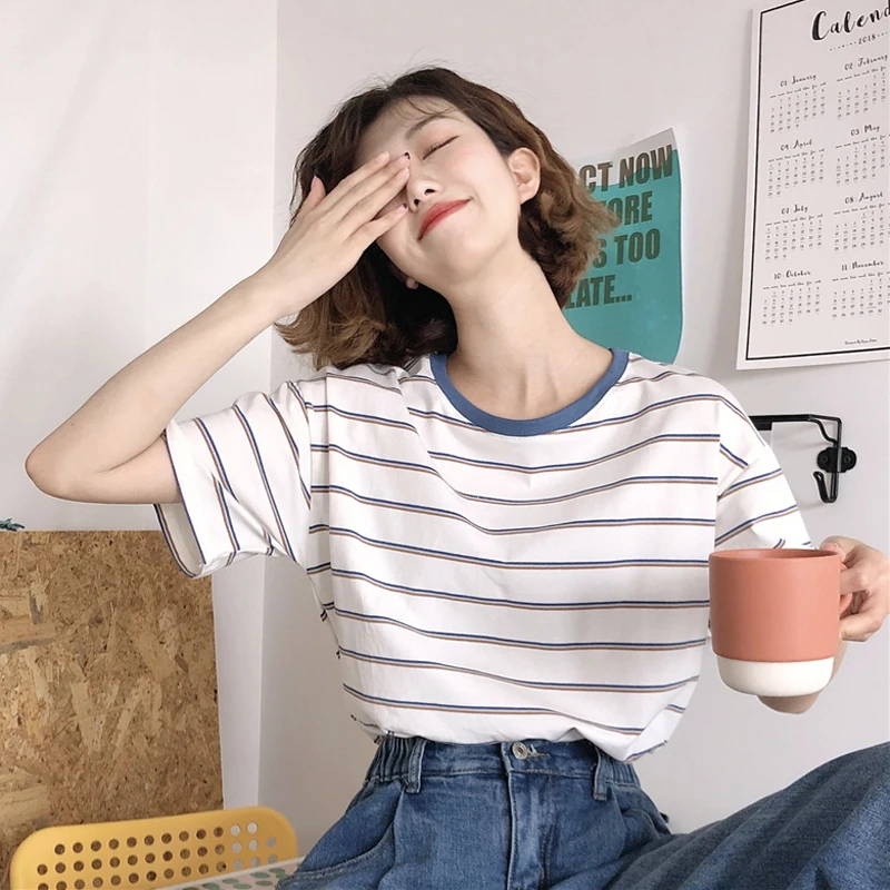 

Short-sleeved 2021 New Women's Summer Striped T-shirt Korean Students All-match Loose Short Slim Top t shirt for women