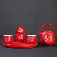 chinese traditional wedding ceramic tea pot cup tray set china red double happiness porcelain tea infuser gift supply