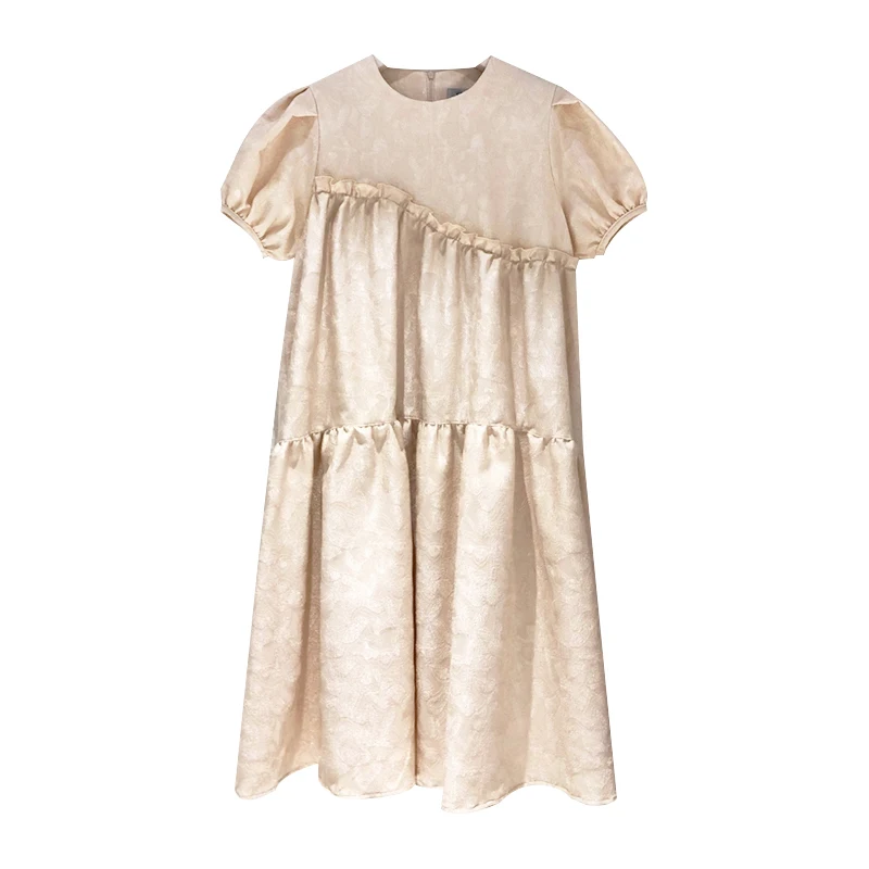 

Женское платье-миди PERHAPS U, летнее однотонное бежевое, черное, с круглым вырезом и пышными рукавами, свободное, D1962