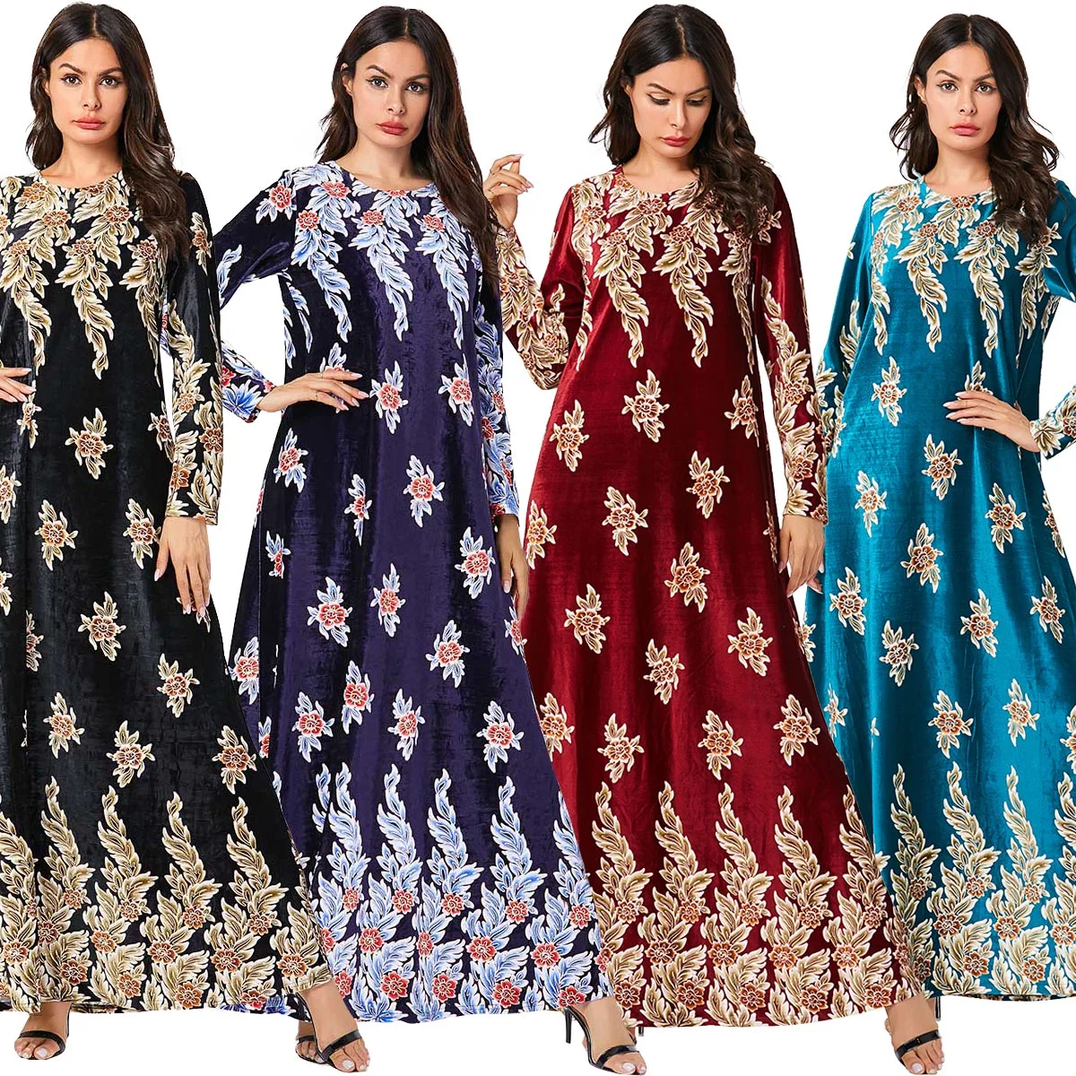 BNSQ Velvet Gold Thread Print Long Dress Blue Leaves Positioning Flower Round Neck Sleeve Mopping Dresses Vintage Girls | Тематическая