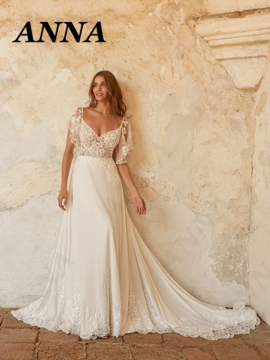 

Женское свадебное платье с V-образным вырезом, коротким рукавом и аппликацией