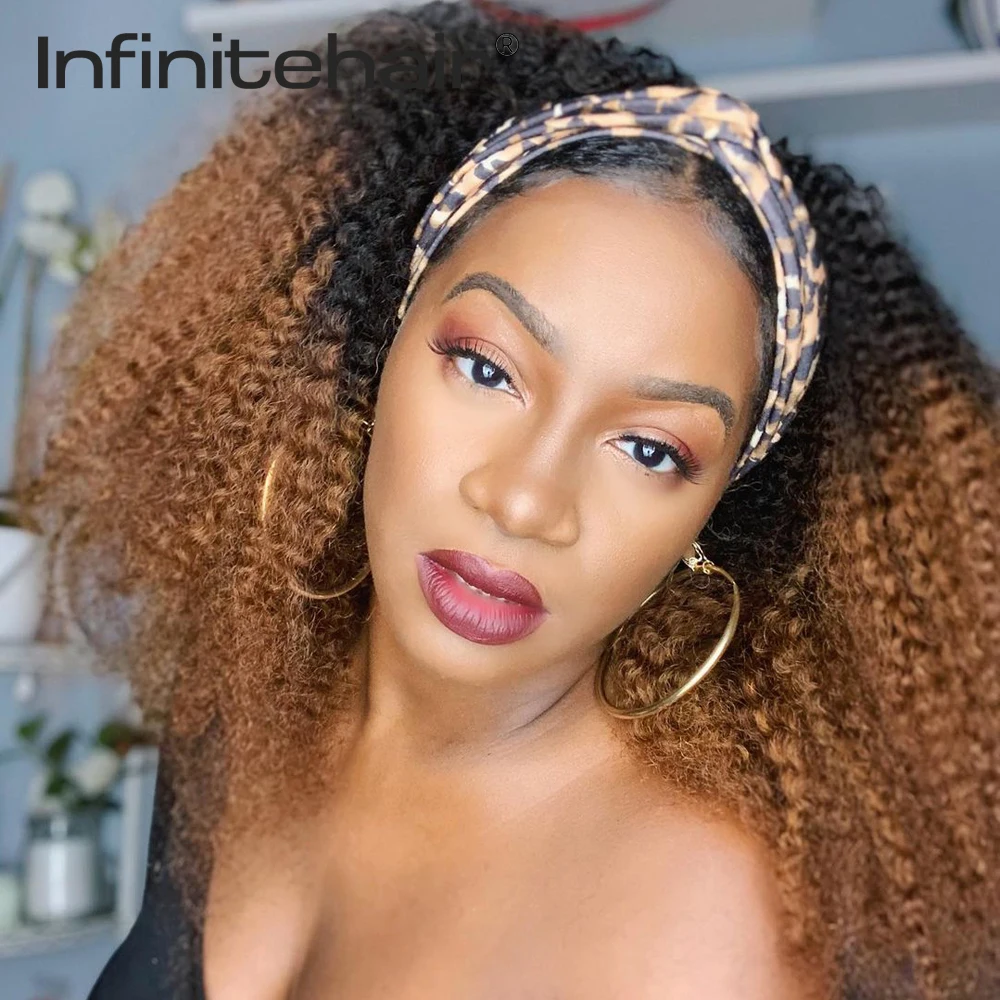 Brazilian Ombre Curly Headband Wig Glueless Scarf Remy Human Hair Wigs Full Machine Made Wig for Black Women Beginner Friendly