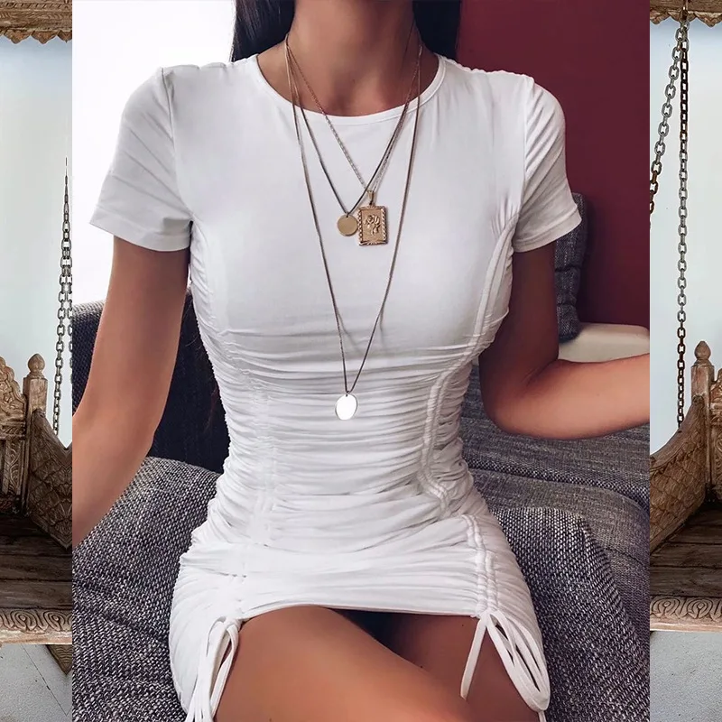 

Short Sleeve Slim Party Sundress 2021 New Ruched Fold Drawstring White Women Dresses Summer Female Mini Bodycon Dress Streetwear