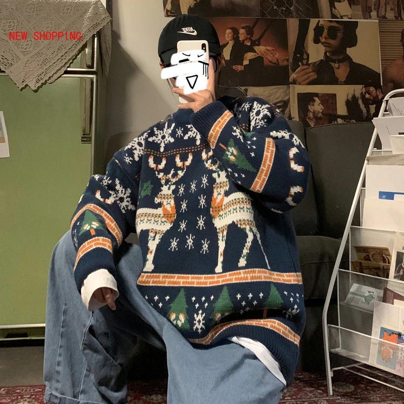 Unisex Christmas Sweater Funny Reindeer Printed Christmas Sweatshirt Men Crewneck Winter Xmas Sweaters Jumpers Tops Red Green