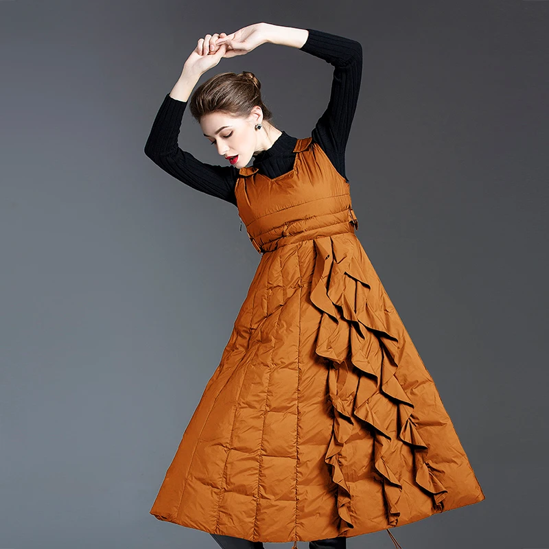 Dress Winter Down Long Coats Women Black Sleeveless Dresses Caramel Ruffle Design Slim Velcro Warm And Light Female Clothes