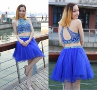 2020 short homecoming dresses jewel crystal beaded two pieces sexy sleeveless royal blue tulle a line prom party dress