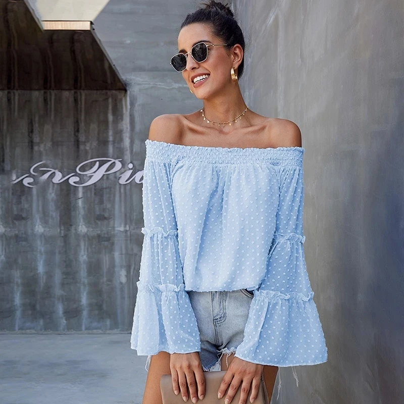 

Elegant Women Blouse Chiffon Women Shirt 2021 Autumn New Sexy Off Shoulder Flared Long-Sleeve Shirts Femme Loose Casual Tops