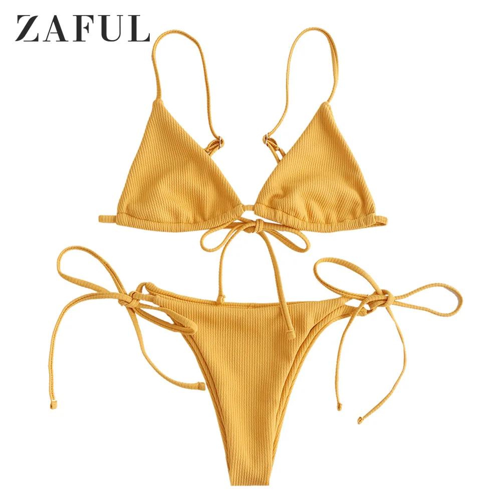 Bee Yellow ZAFUL ребристый бикини на бретельках с низкой талией, комплект бикини на бретельках, без шнуровки, Одноцветный женский купальник, купальный костюм с пуш-ап - Цвет: Bee Yellow