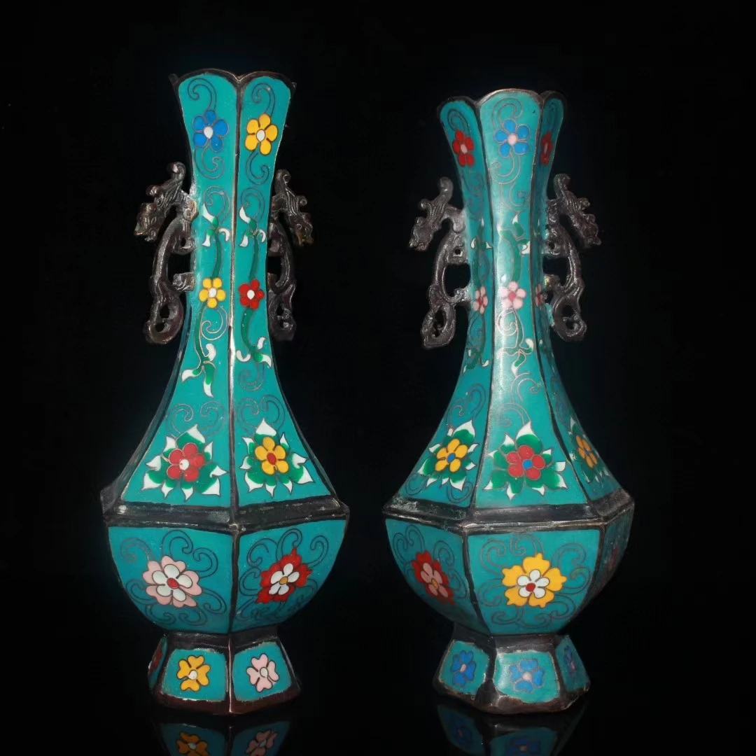 

Chinese antique vase ,1 Pair Of Old Handmade Bronze Cloisonne 2 Dragon Vase ,Bottom With Mark