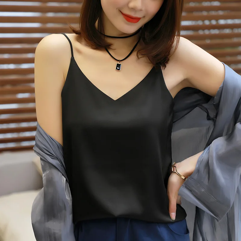 

Web celebrity v-neck pure silk satin condole belt vest women take sexy summer outside v-neck shirt new female