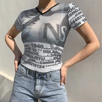 zovsv letter print sexy mesh top transparent casual crop top t shirt women graphic aesthetic y2k fashion streetwear summer