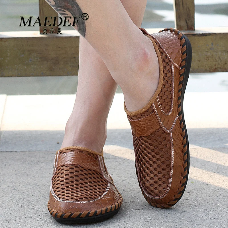 

MAEDEF Oversized Beach Mesh Shoes Leather Shoes Summer Slippers Men Hollow Out Breathable BeachCasual Slip-on Flats Sandals