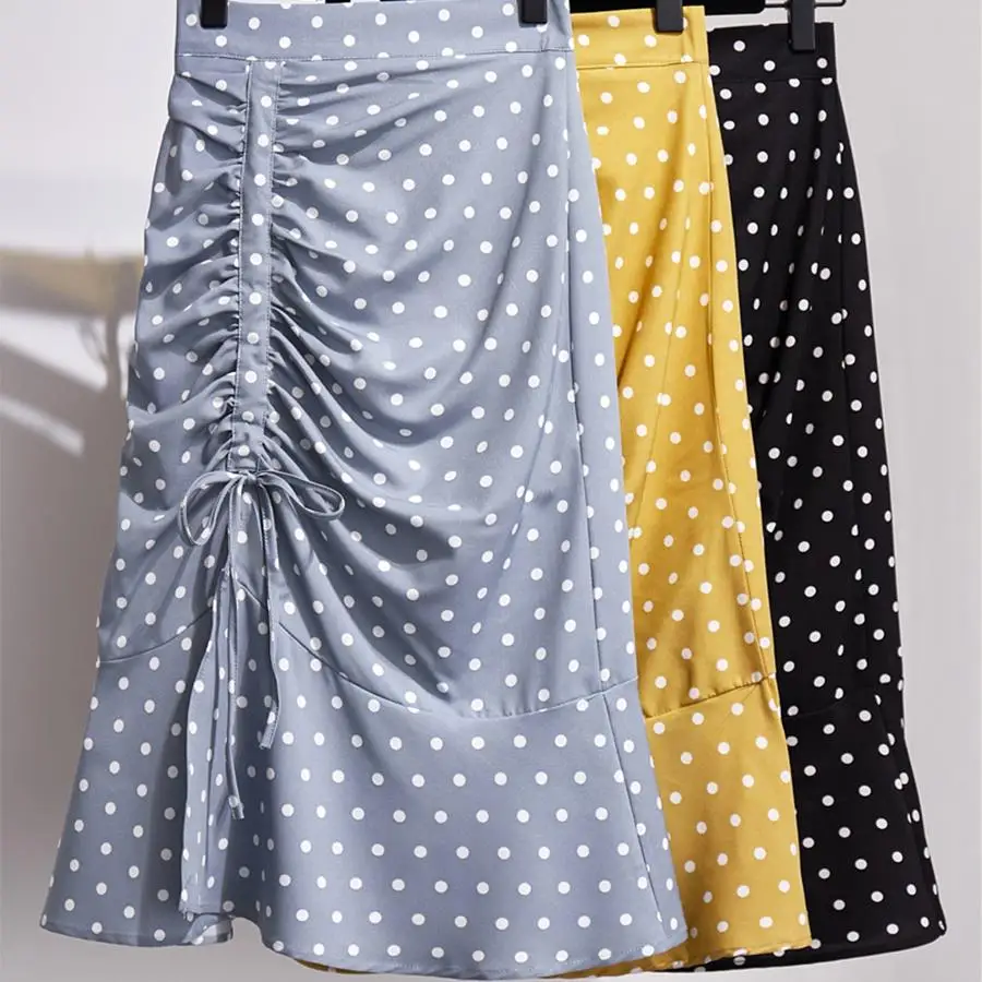 

Summer retro elegant mid-length polka-dot high-waisted skirt ruffled hips split fishtail skirt Polyester Casual Pencil