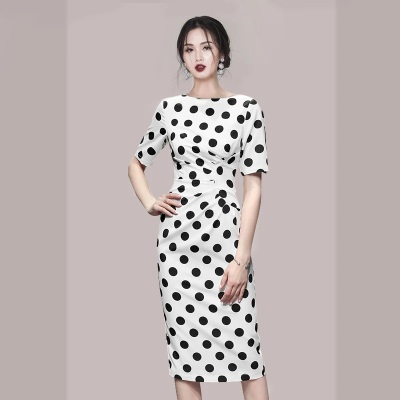 

Summer Women's Polka Dot Midi Dress Ladies Short Sleeve Satin Dress 2021 Female Vestidos