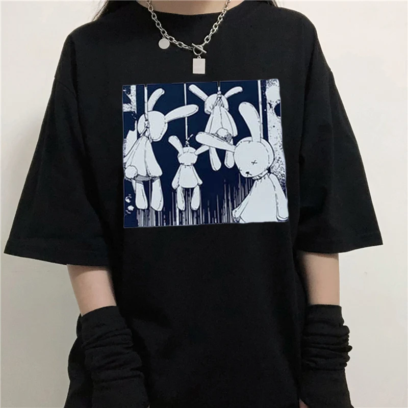 

Camiseta feminina grande estampa coelho anime y2k harajuku, manga curta solta gola redonda, plus size
