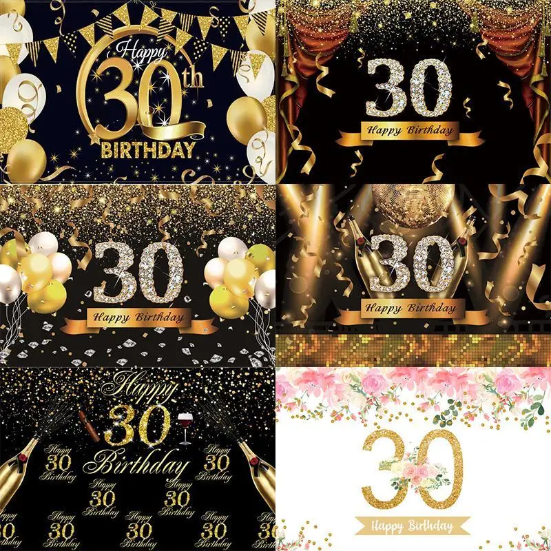 

30th Photo Backdrop Lady Happy Birthday Party Girls Flower Gold Champagne Decoration Men Lady Photography Backgrounds Banner