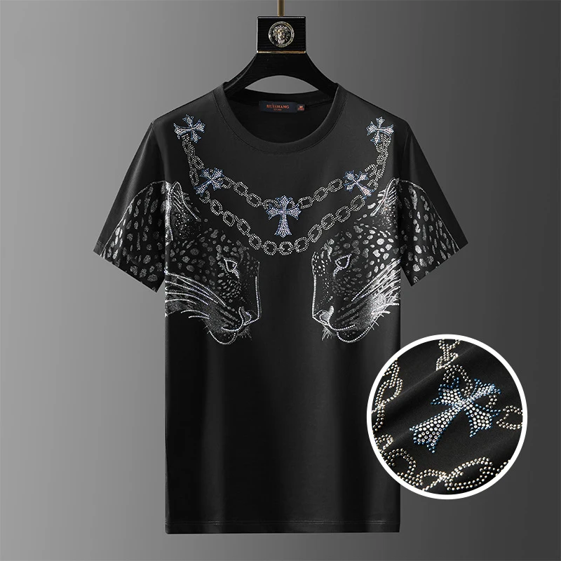 

LOVZON 2021 New Men Short-sleeved Summer Leopard Head Pattern Printing Hot Drill Cotton Short Sleeve T-shirt Dropshipping