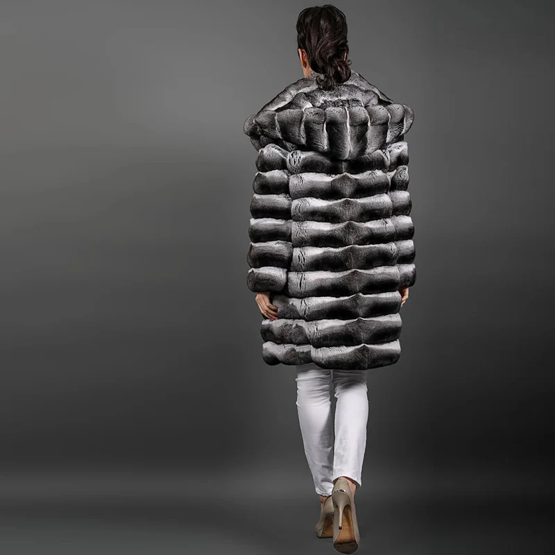 FURSARCAR 2021 Hot Sale Natural Rex Rabbit Fur Coat Elegant Female Real Fur Coat Thick Warm Winter  Long Wrap Clothes With Hat