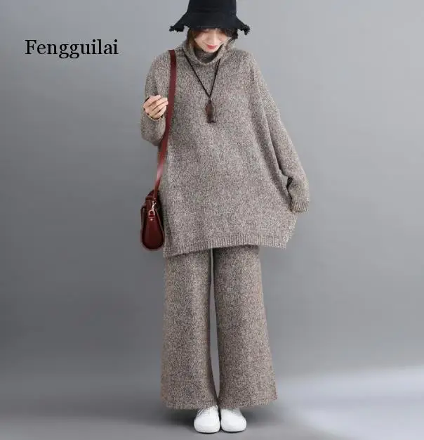 

Plus Size Women 2 Pieces Pant Sets New Turtleneck Knitted Sweaters Pullovers and Wide Leg Warm Pant Lady Pant Suits