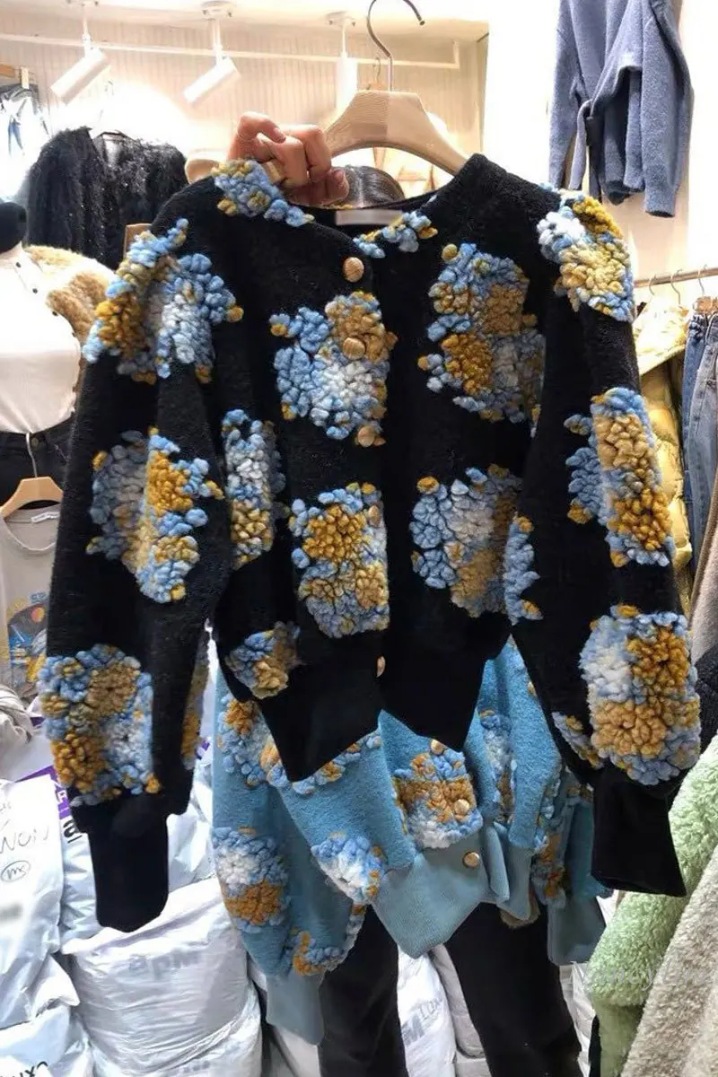 

Women's Short Coat Fashion Plush Stereo Flowers Puffed Sleeves Ladies Casula All-Match Cropped Jacket Top 2021 Spring