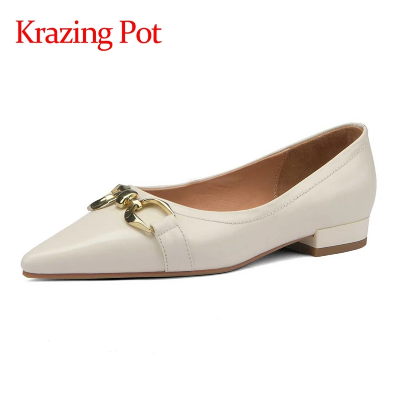 

Krazing Pot full grain leather high quality pointed toe low heel metal decorations slip on convenient handmade women pumps L21