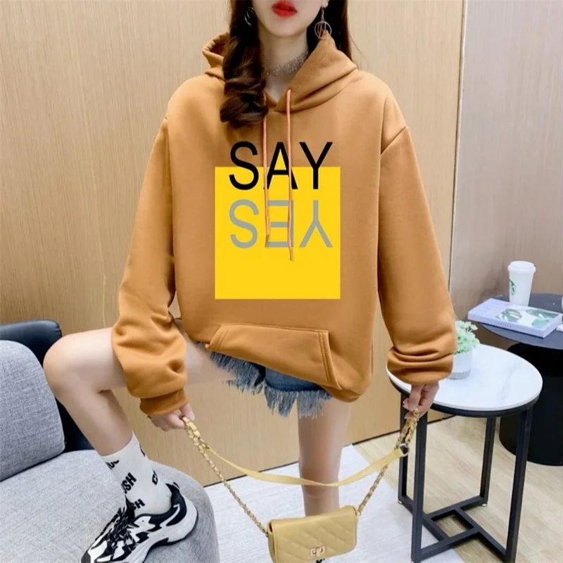 

2021 Autumn and Winte Long Sleeve R Sweater Plus Velvet Loose SAYYES Printing Korean Style Ins Lazy Bf Jacket Oversize Hoodie