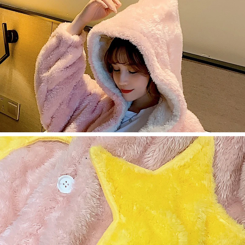 

Hooded Robes Women Flannel Winter Soft Cartoon Patchwork Kawaii Coral Fleece Student Thicker Warm Sleepwear Trendy Ulzzang Cute