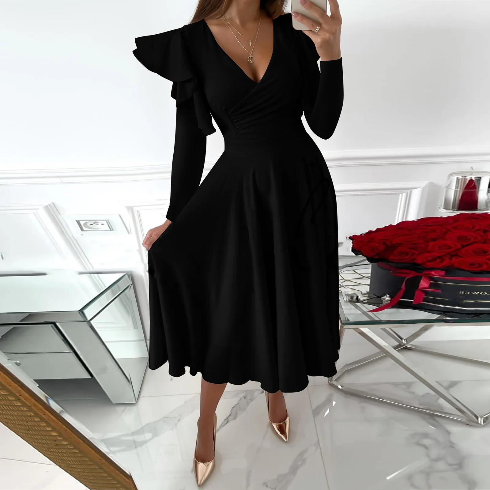 

Ruffled Long Sleeve Party Dress Women Long Sleeve V-neck Slim Dresses For Women 2022 Solid Color A-Line Dresses Female Robe