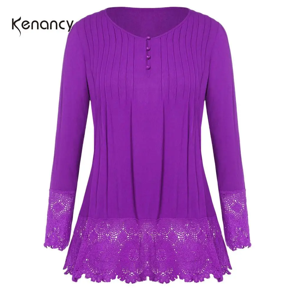 Kenancy женская футболка с кружевной вставкой и пуговицами Повседневная однотонная