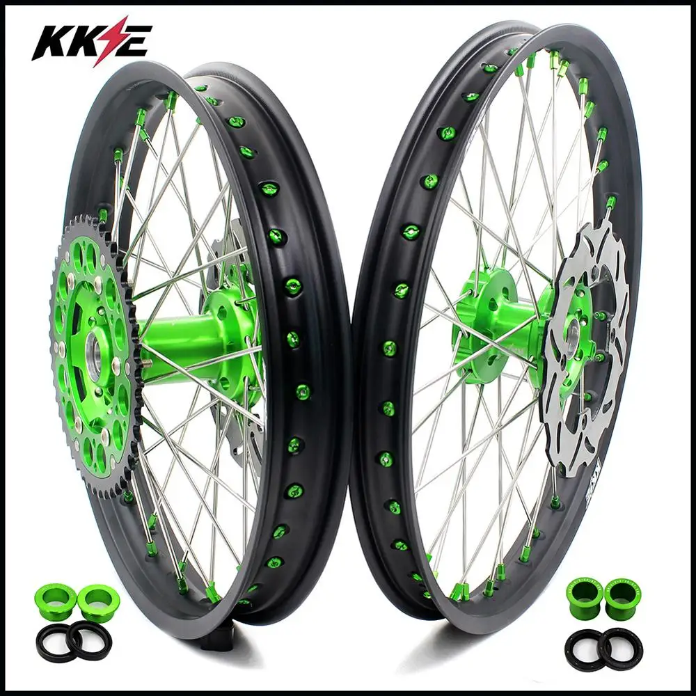 Полный комплект колес KKE 21 &amp 19 MX для Kawasaki KX250F KX450F 2006-2014 Зеленая соска 250 мм диск |