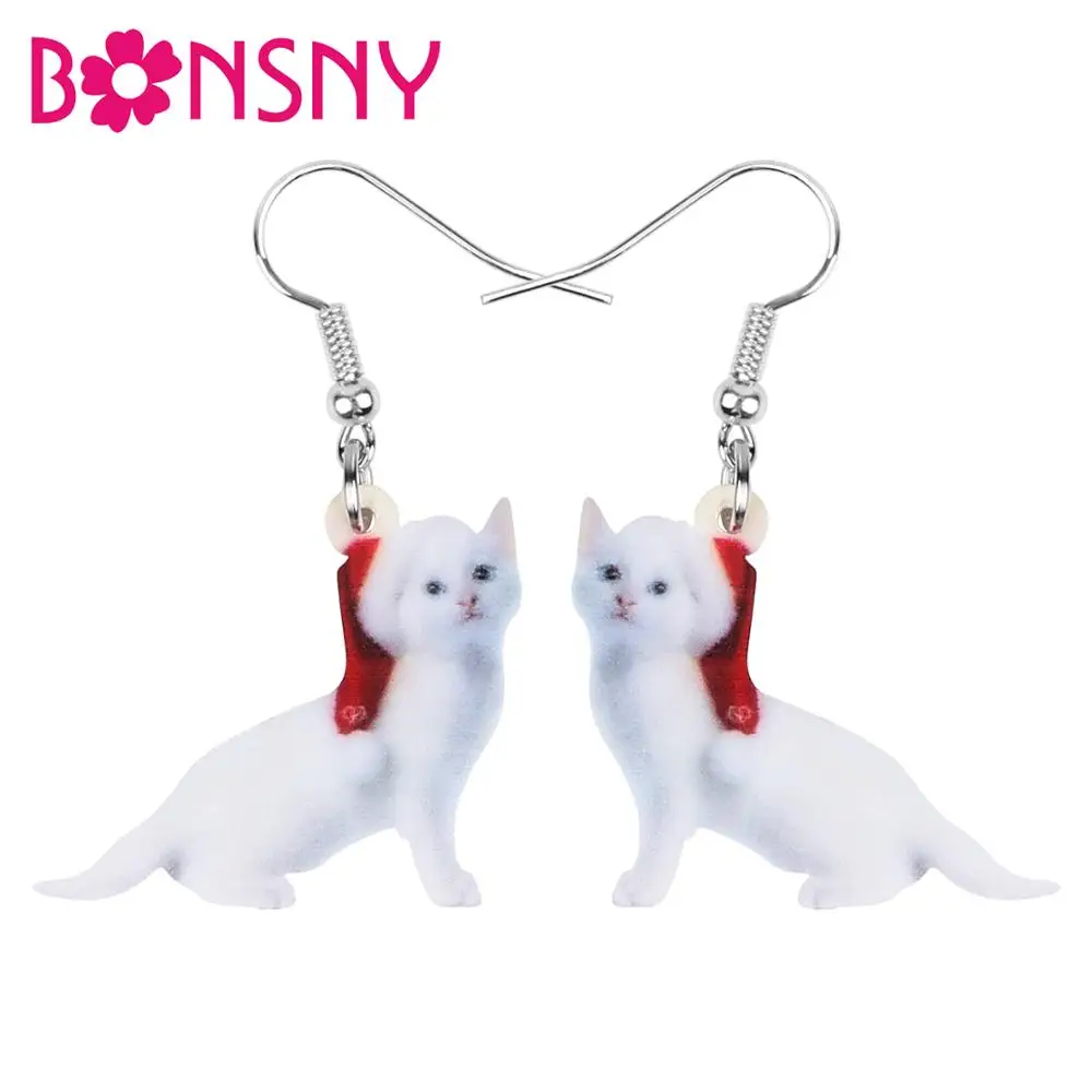 

Bonsny Acrylic Christmas Hat White Cat Kitten Earrings Drop Dangle Animal Jewelry For Women Girl Teen Charm Gift Party Accessory